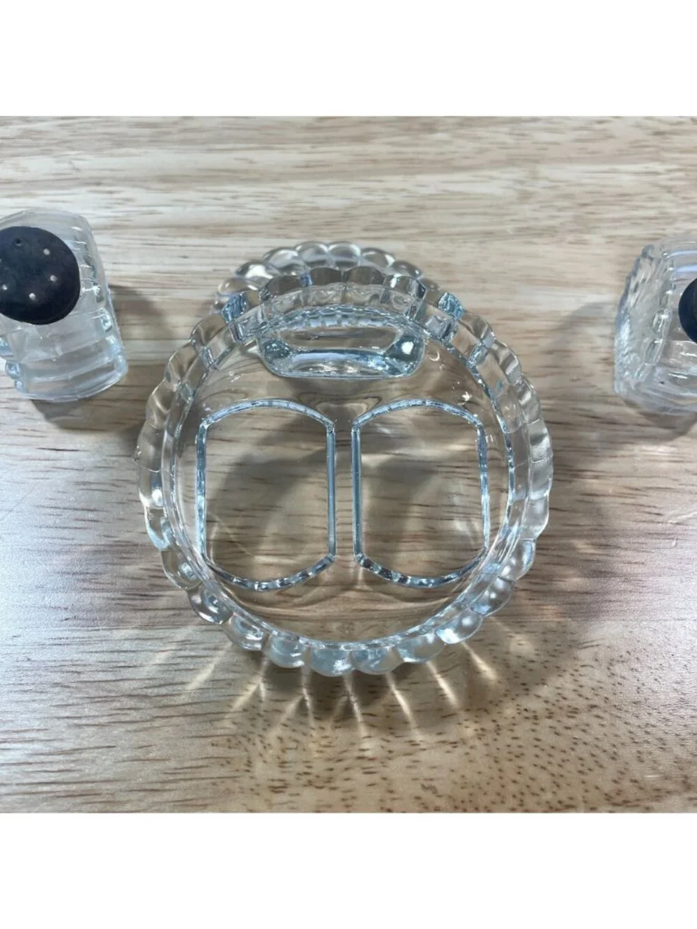 Vintage Mini Art Deco Clear Glass Salt and Pepper Shakers with Seashell Holder